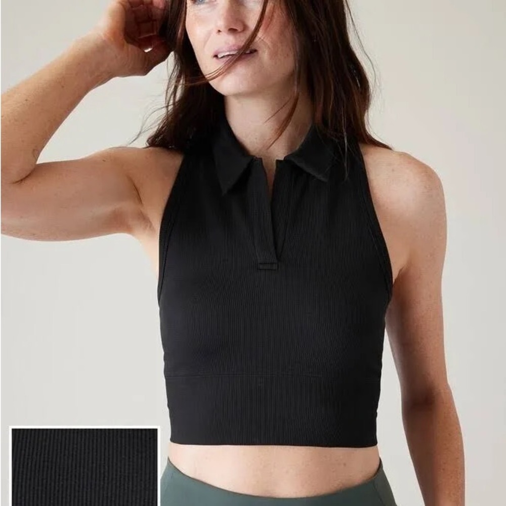 Athleta Black Ribbed Sleeveless Polo Crop Top NWT Small